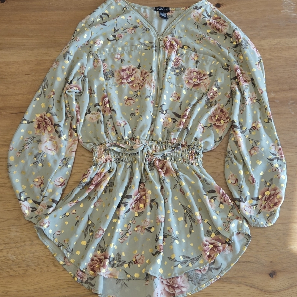 Rue21 Green Floral Romper Long Sleeve | Size L | Smocked Waist Cottagecore Boho